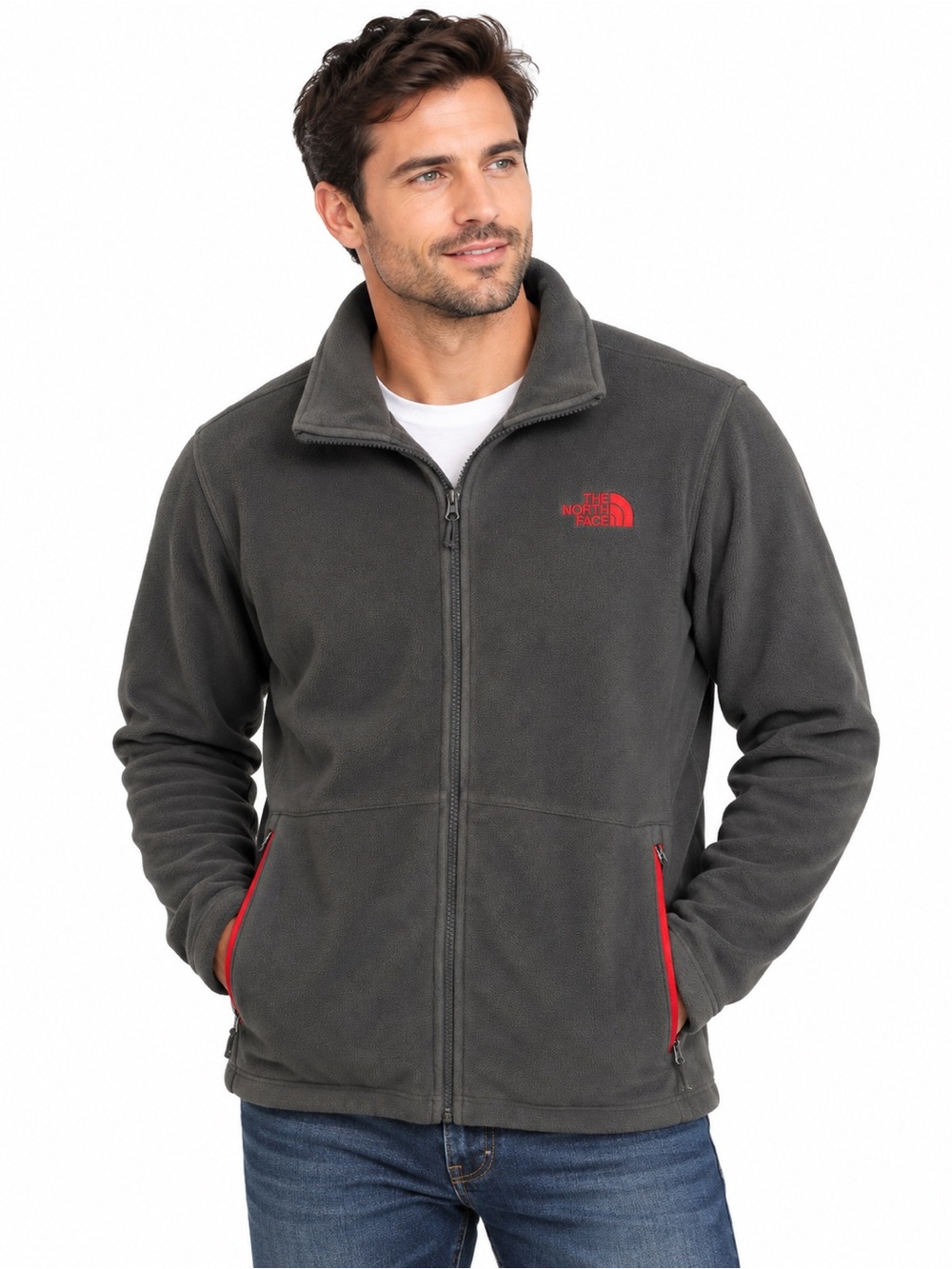 The North Face TKA 100 Glacier Full Zip Fleece Jacket Men’s XL Gray Red